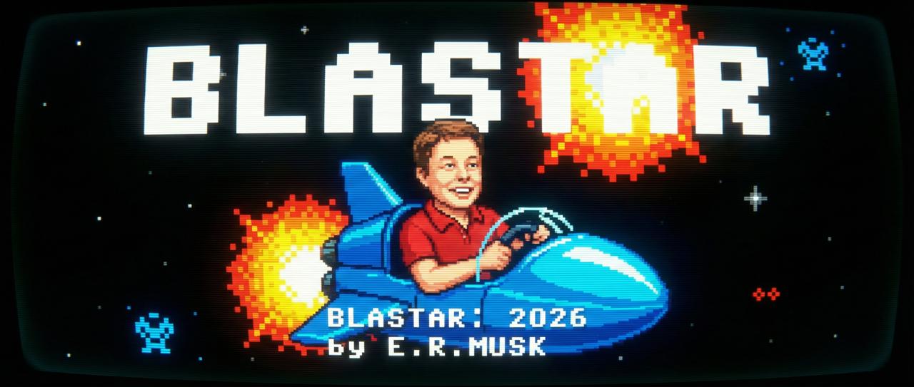 BLASTAR title screen: pixel-art rocket with a grinning pilot flying past explosions